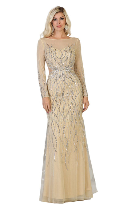 May Queen - RQ7768 Embellished Bateau Long Sleeve Trumpet Dress Special Occasion Dress 6 / Champagne