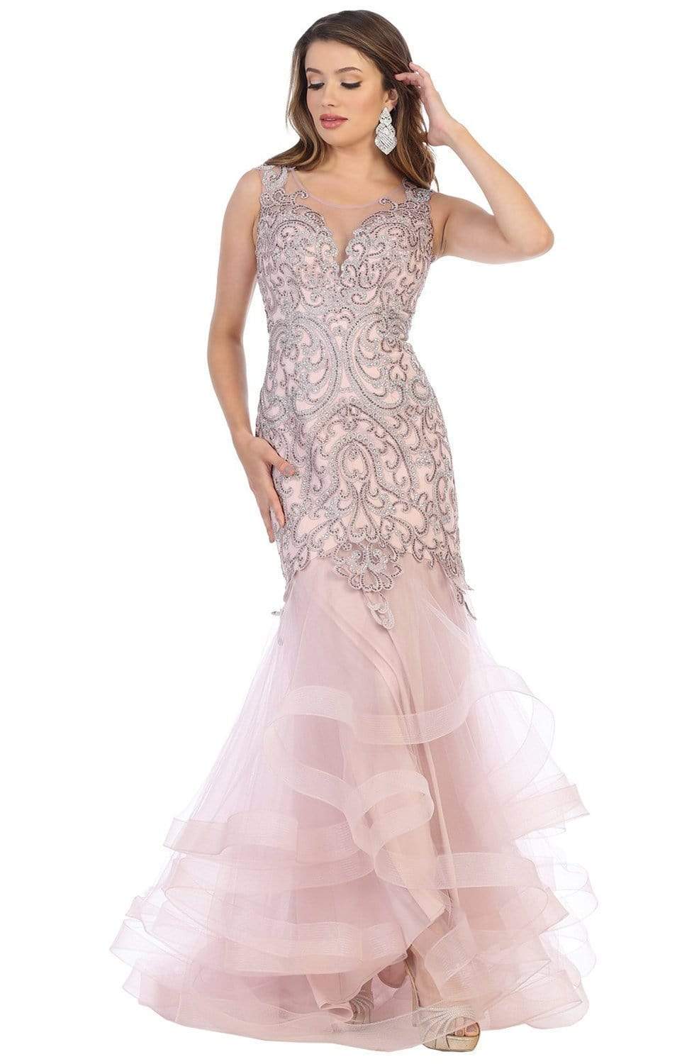May Queen - RQ7778 Embroidered Ruffled Trumpet Dress Prom Dresses 6 / Mauve