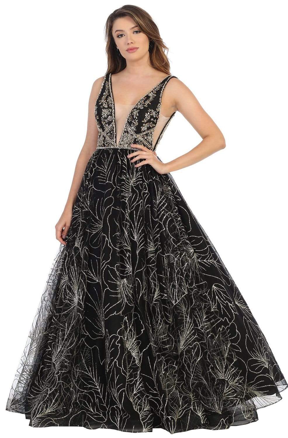 May Queen - RQ7780 Bedazzled Deep V-neck Ballgown Ball Gowns 4 / Black/Gold