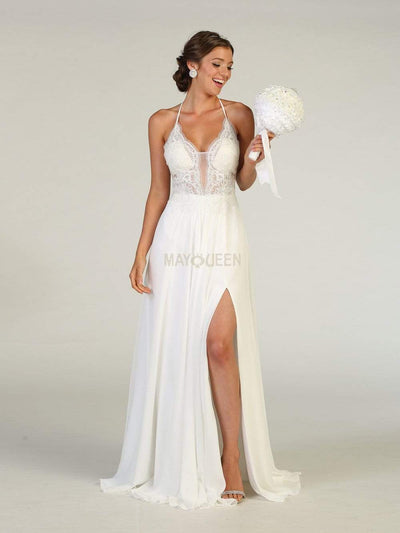 May Queen - RQ7781 Lace Deep V-neck A-line Gown Prom Dresses 2 / Ivory