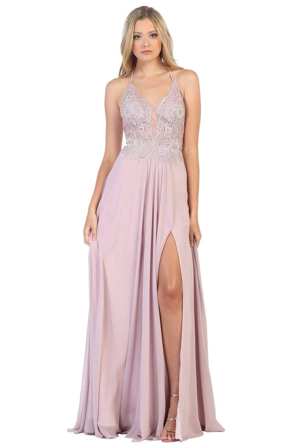 May Queen - RQ7781 Lace Deep V-neck A-line Gown Prom Dresses 2 / Mauve