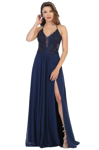 May Queen - RQ7781 Lace Deep V-neck A-line Gown Prom Dresses 2 / Navy