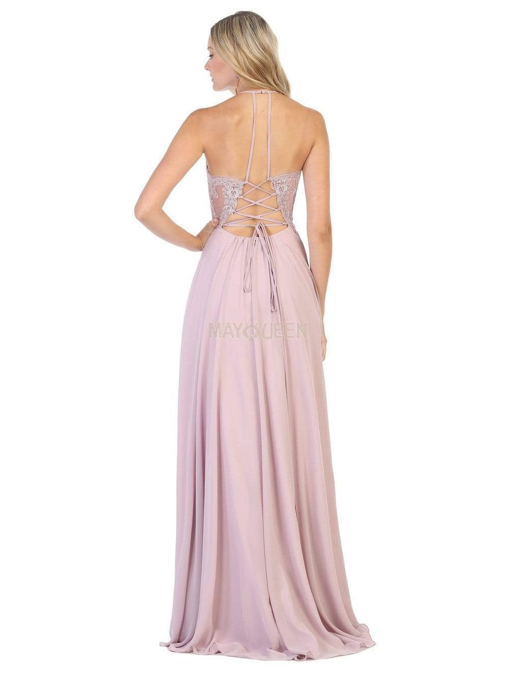 May Queen - RQ7781 Lace Deep V-neck A-line Gown Prom Dresses
