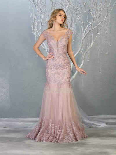 May Queen - RQ7785 Embellished Plunging V-Neck Trumpet Dress Mother of the Bride Dresses 4 / Mauve