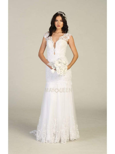 May Queen - RQ7785 Embellished Plunging V-Neck Trumpet Dress Mother of the Bride Dresses 4 / White
