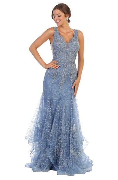 May Queen - RQ7786 Embellished Scalloped V-neck Trumpet Dress Evening Dresses 4 / Dusty-Blue