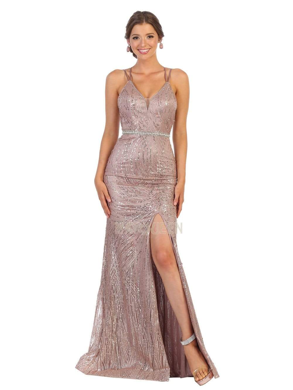 May Queen - RQ7788 Long Glitter Ornate High Slit Dress Evening Dresses 2 / Mauve