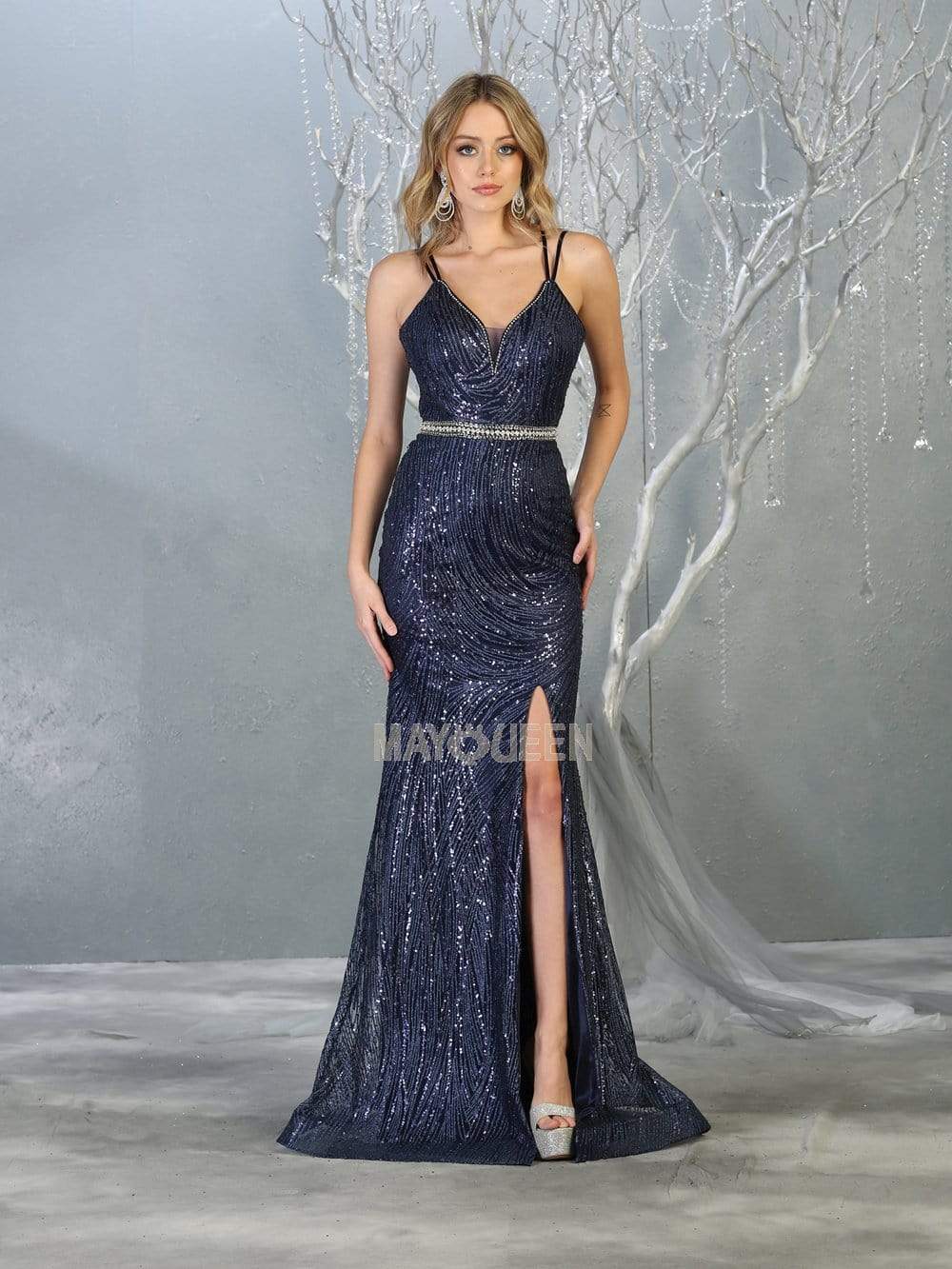 May Queen - RQ7788 Long Glitter Ornate High Slit Dress Evening Dresses 2 / Navy