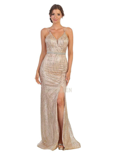 May Queen - RQ7788 Long Glitter Ornate High Slit Dress Evening Dresses 2 / Rose Gold
