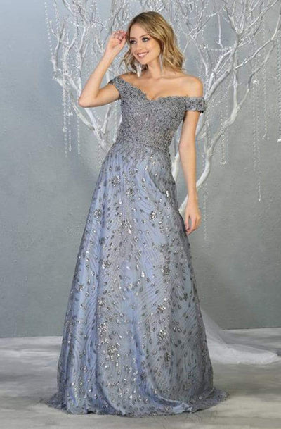 May Queen - RQ7789 Embellished Off-Shoulder A-line Dress Evening Dresses 4 / Dusty-Blue