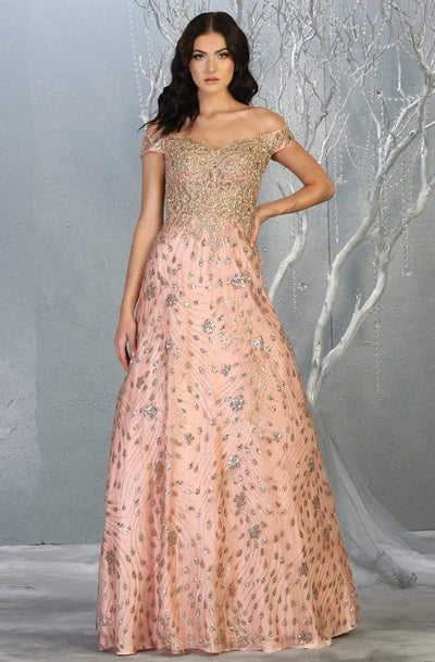 May Queen - RQ7789 Embellished Off-Shoulder A-line Dress Evening Dresses 4 / Rosegold