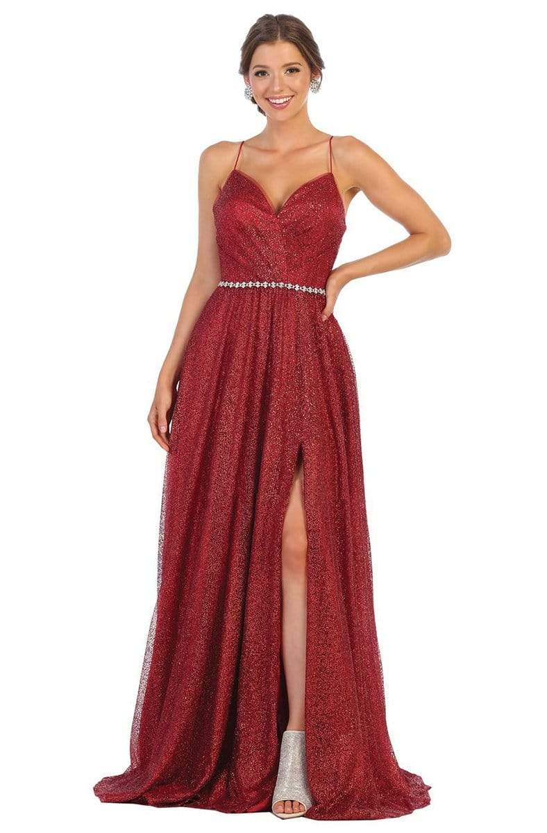 May Queen - RQ7792 Embellished V-neck A-line Gown Prom Dresses 4 / Burgundy