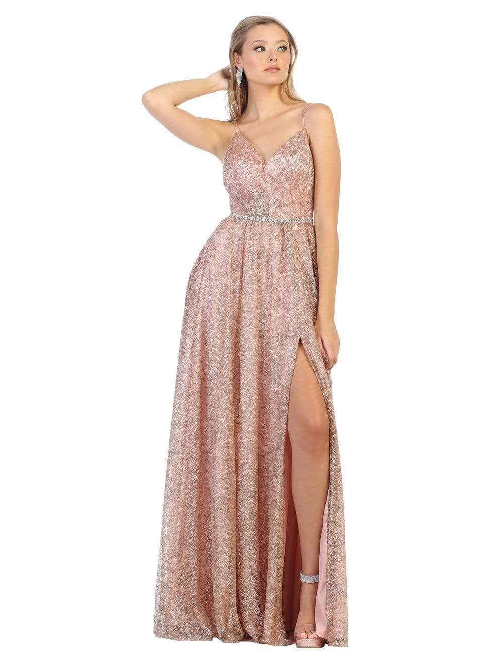 May Queen - RQ7792 Embellished V-neck A-line Gown Prom Dresses 4 / Rosegold
