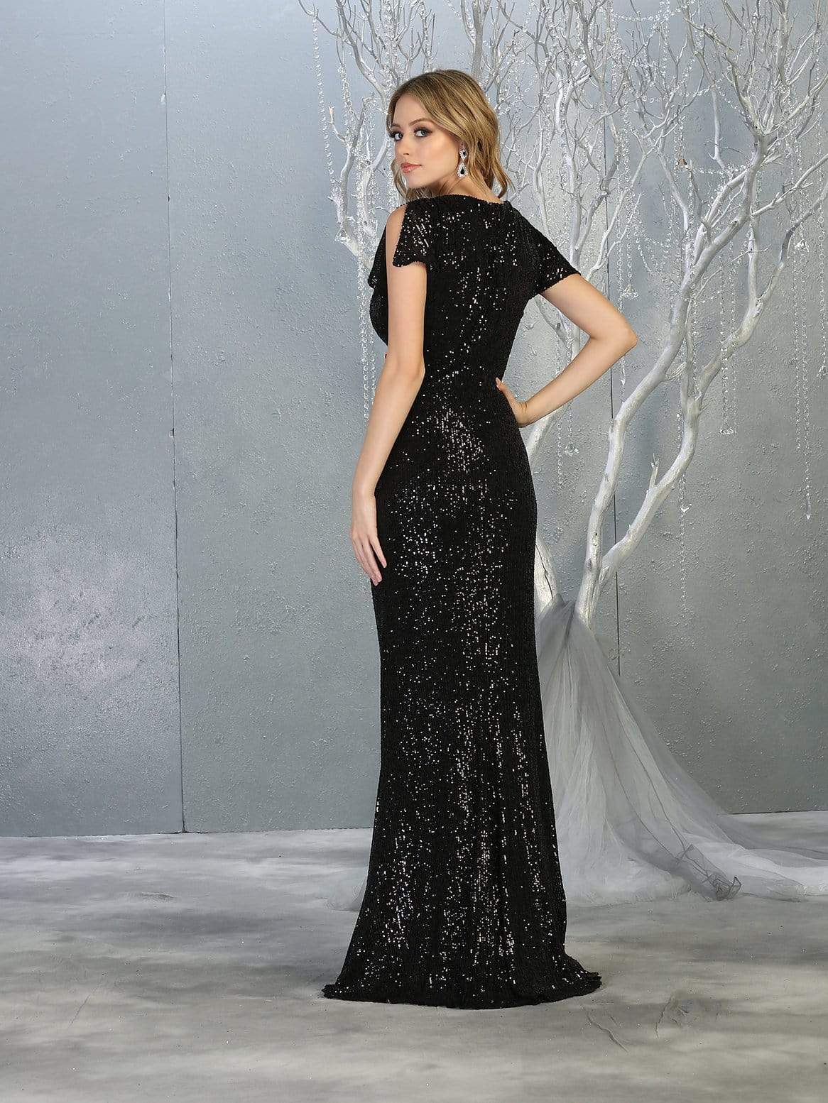 May Queen - RQ7794 Glitter Plunging V-Neck Knotted Gown Evening Dresses