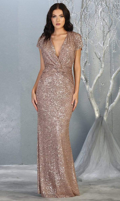 May Queen - RQ7794 Glitter Plunging V-Neck Knotted Gown Evening Dresses 6 / Rosegold