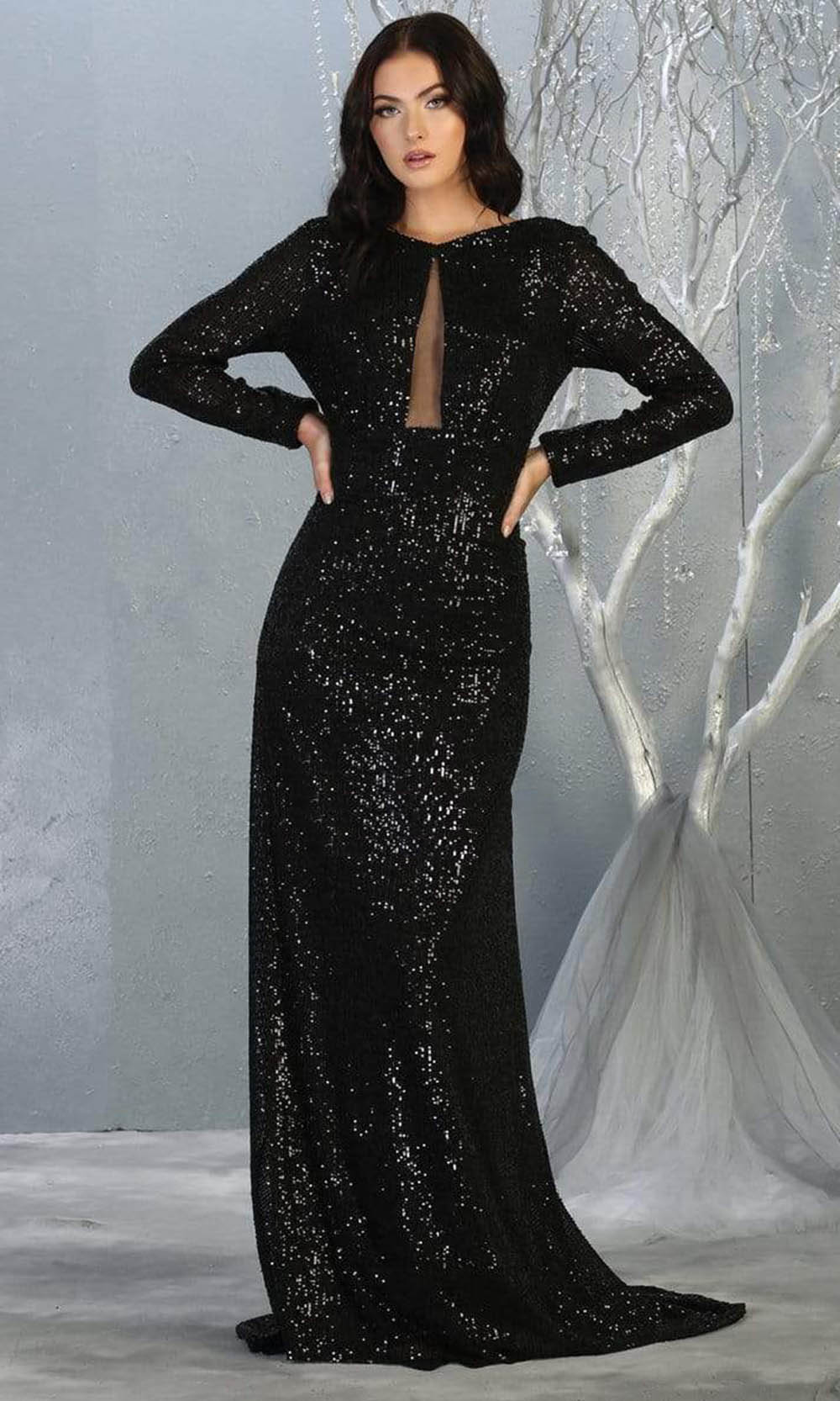 May Queen - RQ7795 Bateau Sheer Panel Fully Sequined Sheath Dress In Black