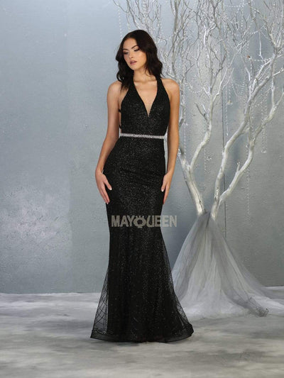 May Queen - RQ7797 Glitter Plunging Halter Evening Dress Evening Dresses 2 / Black