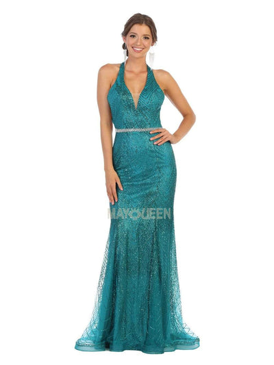 May Queen - RQ7797 Glitter Plunging Halter Evening Dress Evening Dresses 2 / Jade