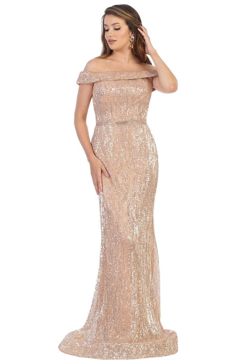 May Queen - RQ7799 Embellished Off-Shoulder Trumpet Dress Evening Dresses 4 / Rosegold