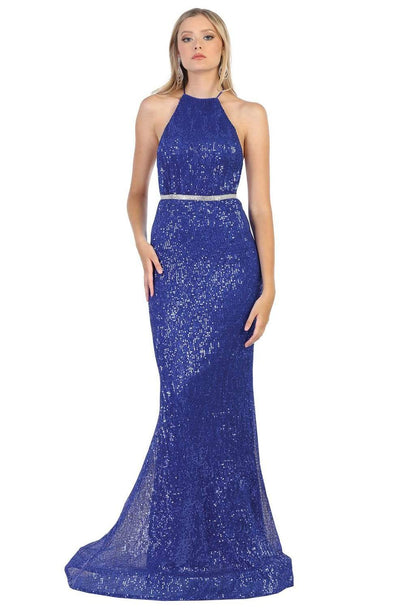 May Queen - RQ7800 Embellished Halter Neck Trumpet Dress Evening Dresses 2 / Royal-Blue