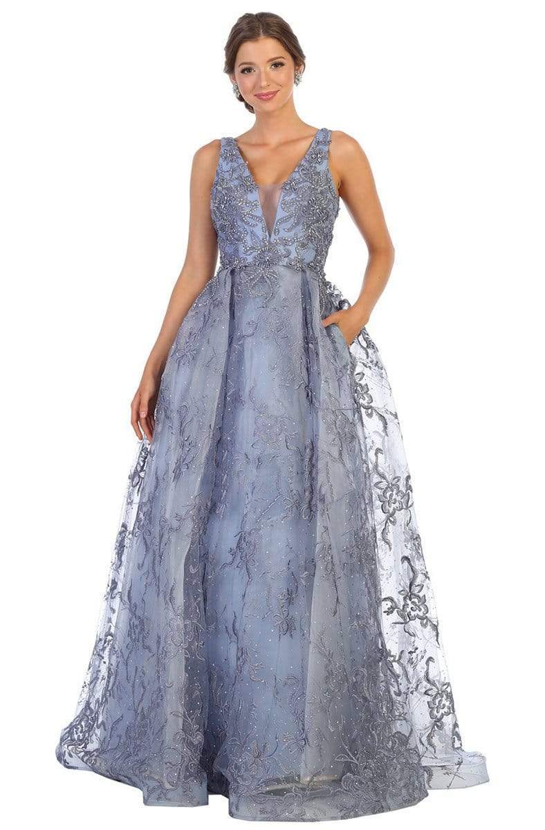 May Queen - Plunging V-Neck Prom Gown RQ7801  In Blue