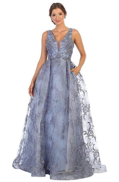 May Queen - RQ7801 Embellished Deep V-neck A-line Dress Prom Dresses 4 / Dusty-Blue