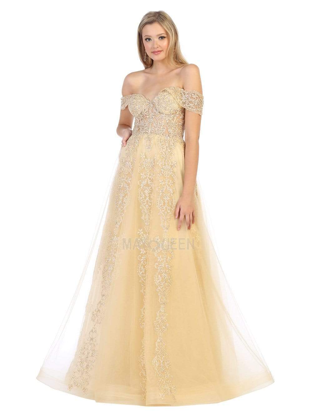 May Queen - RQ7805 Beaded Applique Off-Shoulder Dress Prom Dresses 4 / Champagne/Gold