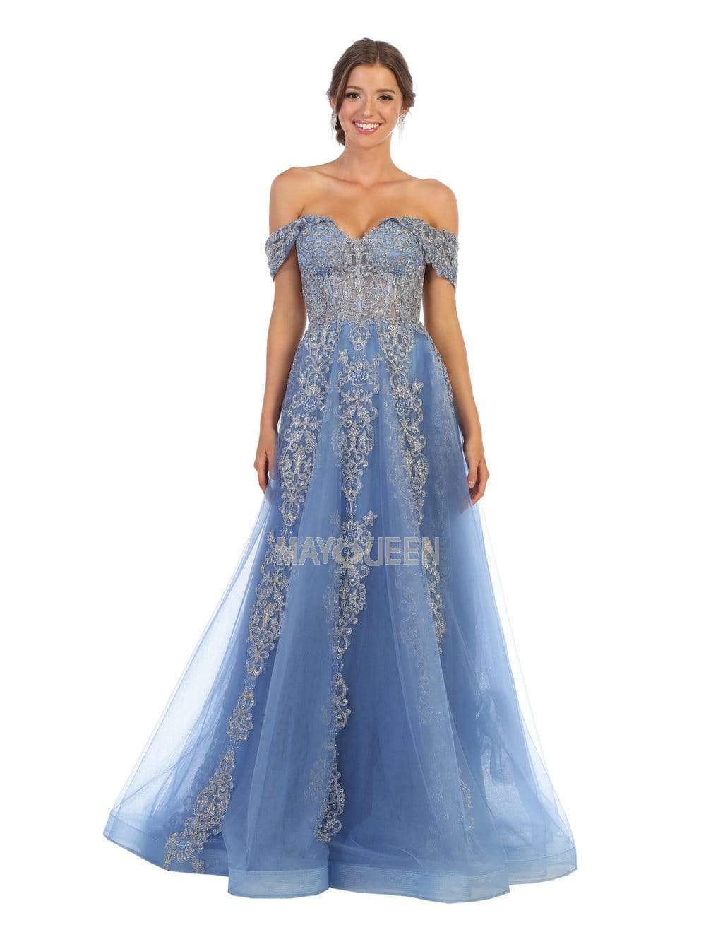 May Queen - RQ7805 Beaded Applique Off-Shoulder Dress Prom Dresses 4 / Dusty-Blue