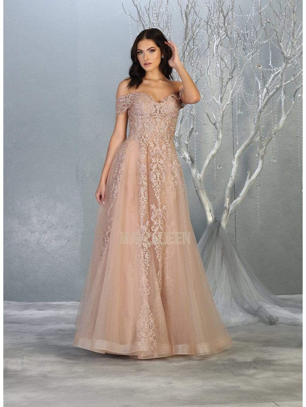 May Queen - RQ7805 Beaded Applique Off-Shoulder Dress Prom Dresses 4 / Rosegold