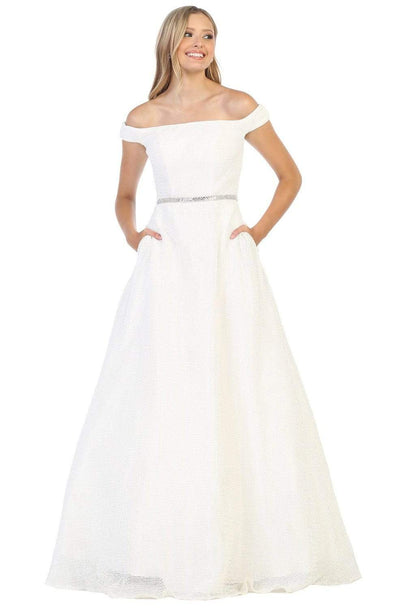 May Queen - RQ7807 Off-Shoulder Embellished A-line Dress Evening Dresses 4 / Ivory