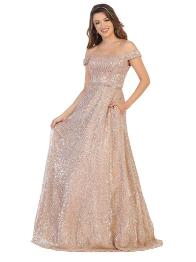 May Queen - RQ7807 Off-Shoulder Embellished A-line Dress Evening Dresses 4 / Rosegold