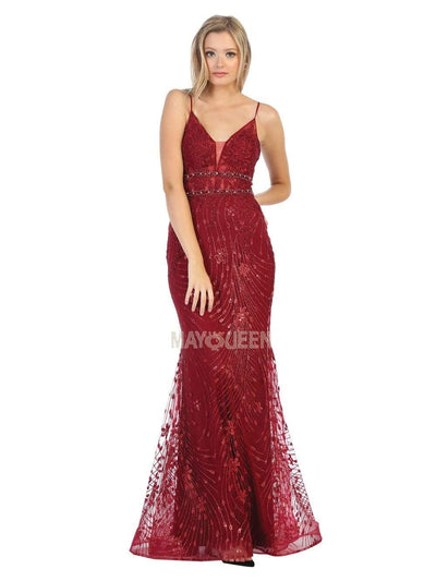 May Queen - RQ7808 Glitter Embellished Mermaid Evening Dress Evening Dresses 4 / Burgundy