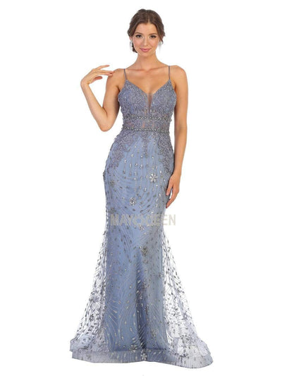 May Queen - RQ7808 Glitter Embellished Mermaid Evening Dress Evening Dresses 4 / Dusty-Blue