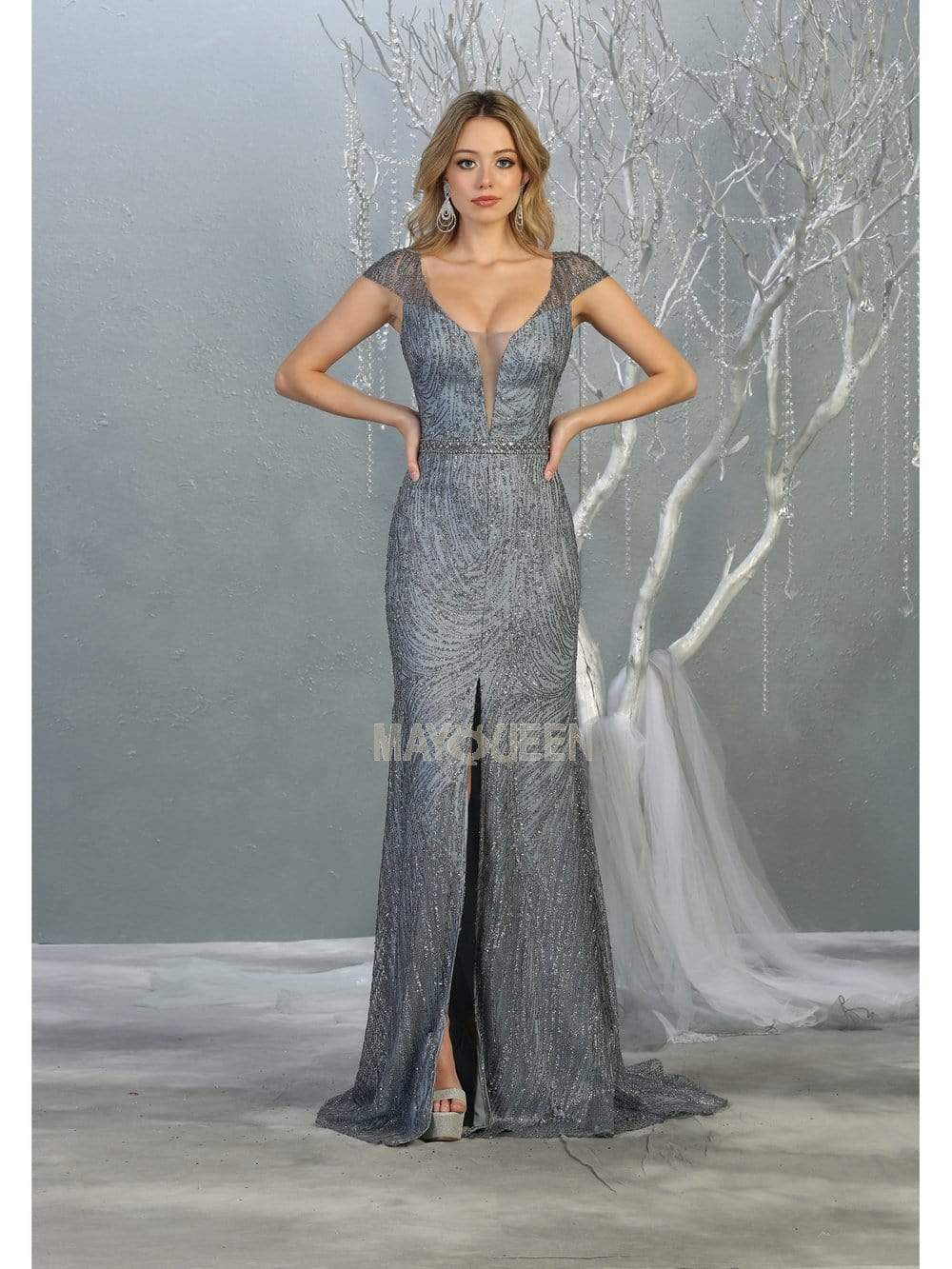 May Queen - RQ7812 Glitter Plunging V-Neck Dress with Slit Mother of the Bride Dresses 4 / Dusty-Blue
