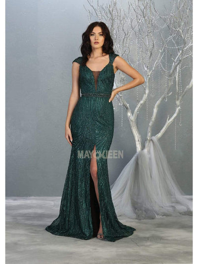 May Queen - RQ7812 Glitter Plunging V-Neck Dress with Slit Mother of the Bride Dresses 4 / Hunter-Grn