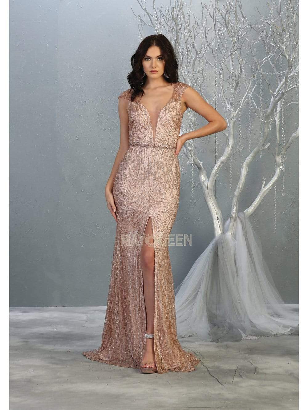 May Queen - RQ7812 Glitter Plunging V-Neck Dress with Slit Mother of the Bride Dresses 4 / Rosegold
