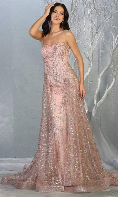 May Queen - RQ7815 Glitter Embellished Strapless Gown Prom Dresses 4 / Rosegold