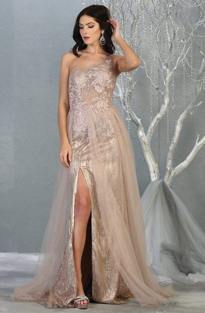 May Queen - RQ7816 Embellished One Shoulder A-Line Dress Prom Dresses 2 / Rose Gold
