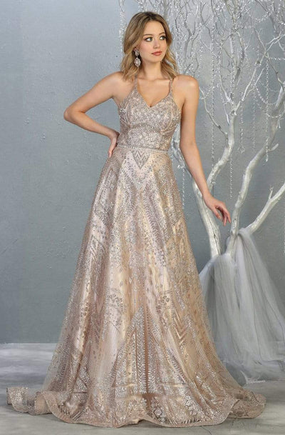 May Queen - RQ7817 Embellished Deep V-neck A-line Dress Prom Dresses 2 / Champagne