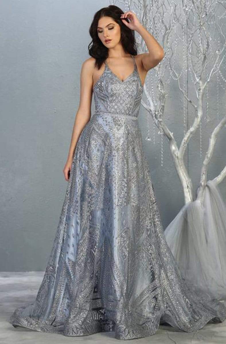 May Queen - RQ7817 Embellished Deep V-neck A-line Dress Prom Dresses 2 / Dusty-Blue