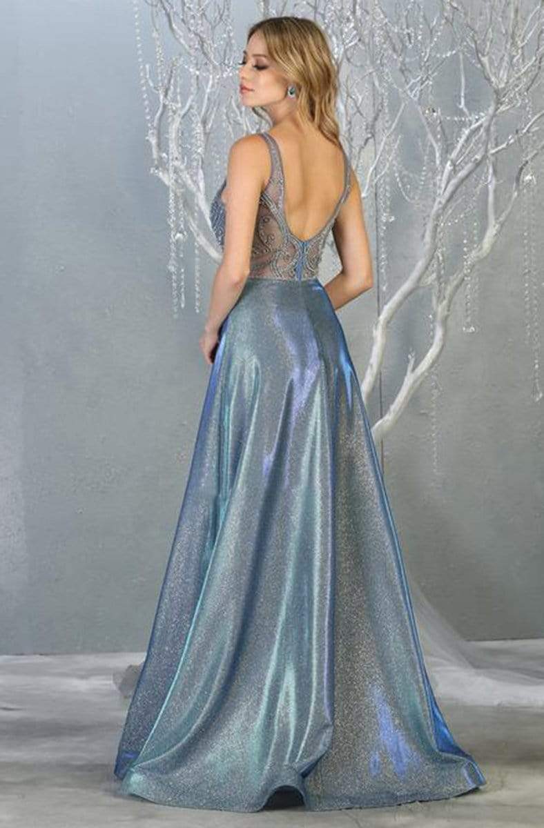 May Queen - RQ7819 Embroidered V-neck A-line Gown Evening Dresses 4 / Dusty-Blue