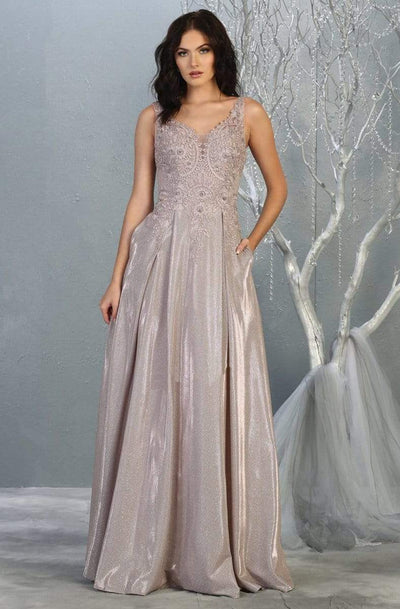 May Queen - RQ7819 Embroidered V-neck A-line Gown Evening Dresses 4 / Rosegold