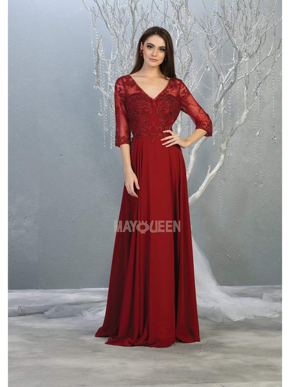 May Queen - RQ7820 Bead Embellished V-Neck A-Line Dress Mother of the Bride Dresses M / Burgundy