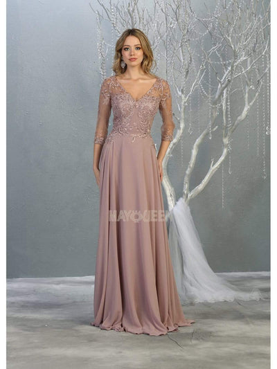 May Queen - RQ7820 Bead Embellished V-Neck A-Line Dress Mother of the Bride Dresses M / Mauve