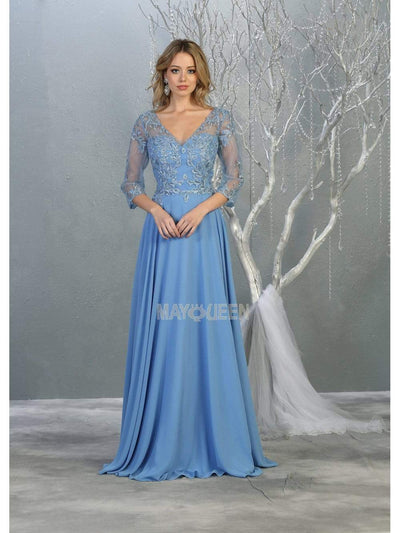 May Queen - RQ7820 Bead Embellished V-Neck A-Line Dress Mother of the Bride Dresses M / Perry Blue