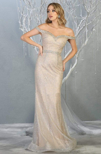 May Queen - RQ7822 Embellished Off-Shoulder Sheath Dress Evening Dresses 4 / Silver/Nude