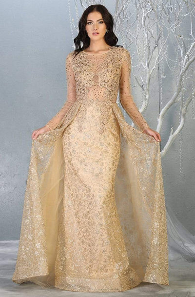 May Queen - RQ7824 Embellished Jewel Neck Dress With Overskirt Evening Dresses 6 / Gold