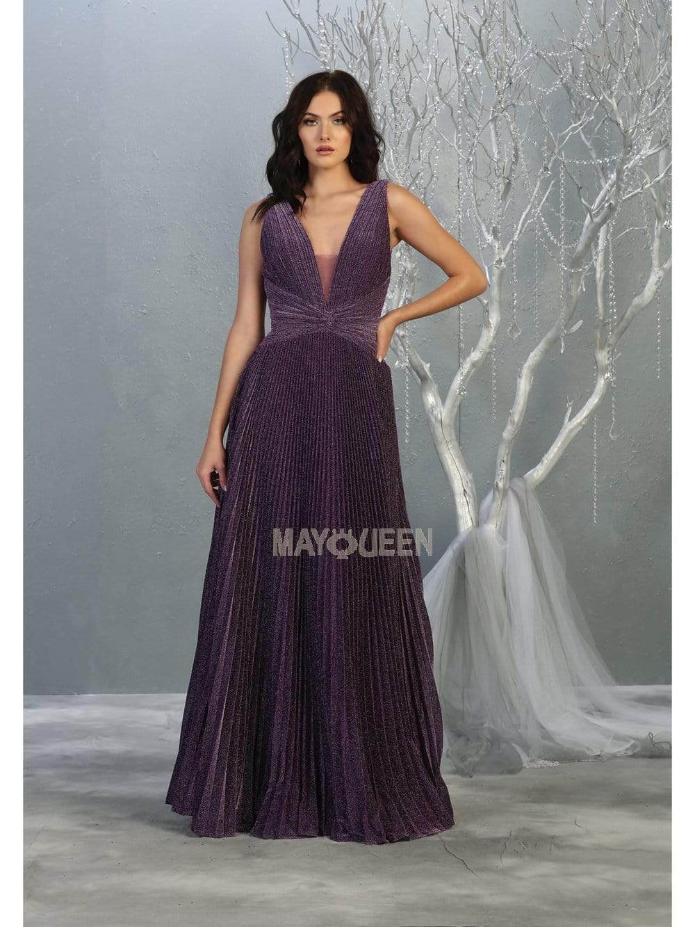 May Queen - RQ7829 Pleated Plunging V-Neck A-Line Dress Prom Dresses 4 / Eggplant