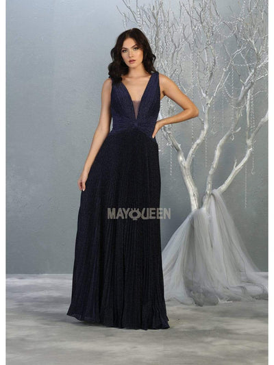 May Queen - RQ7829 Pleated Plunging V-Neck A-Line Dress Prom Dresses 4 / Navy