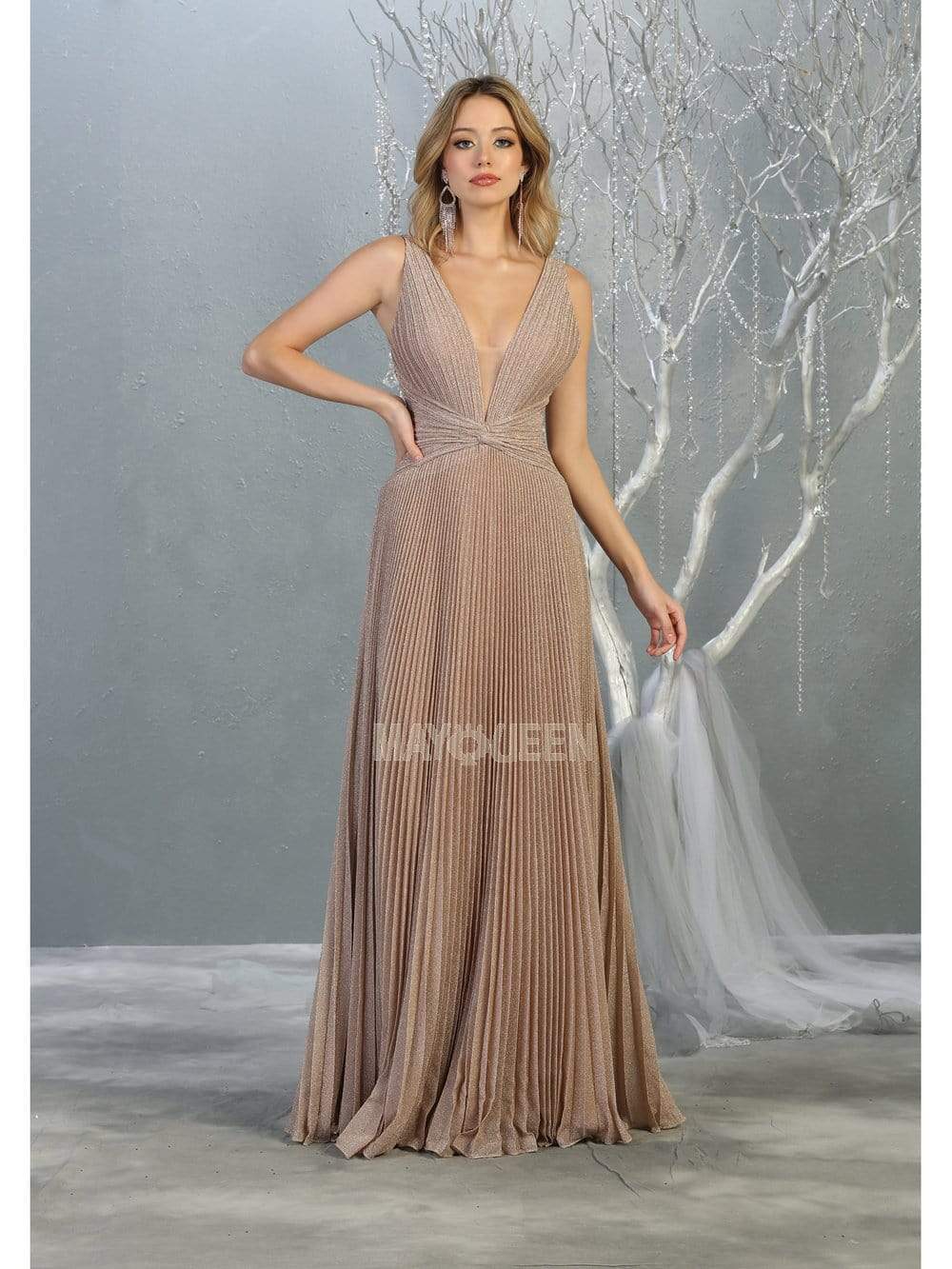May Queen - RQ7829 Pleated Plunging V-Neck A-Line Dress Prom Dresses 4 / Rosegold